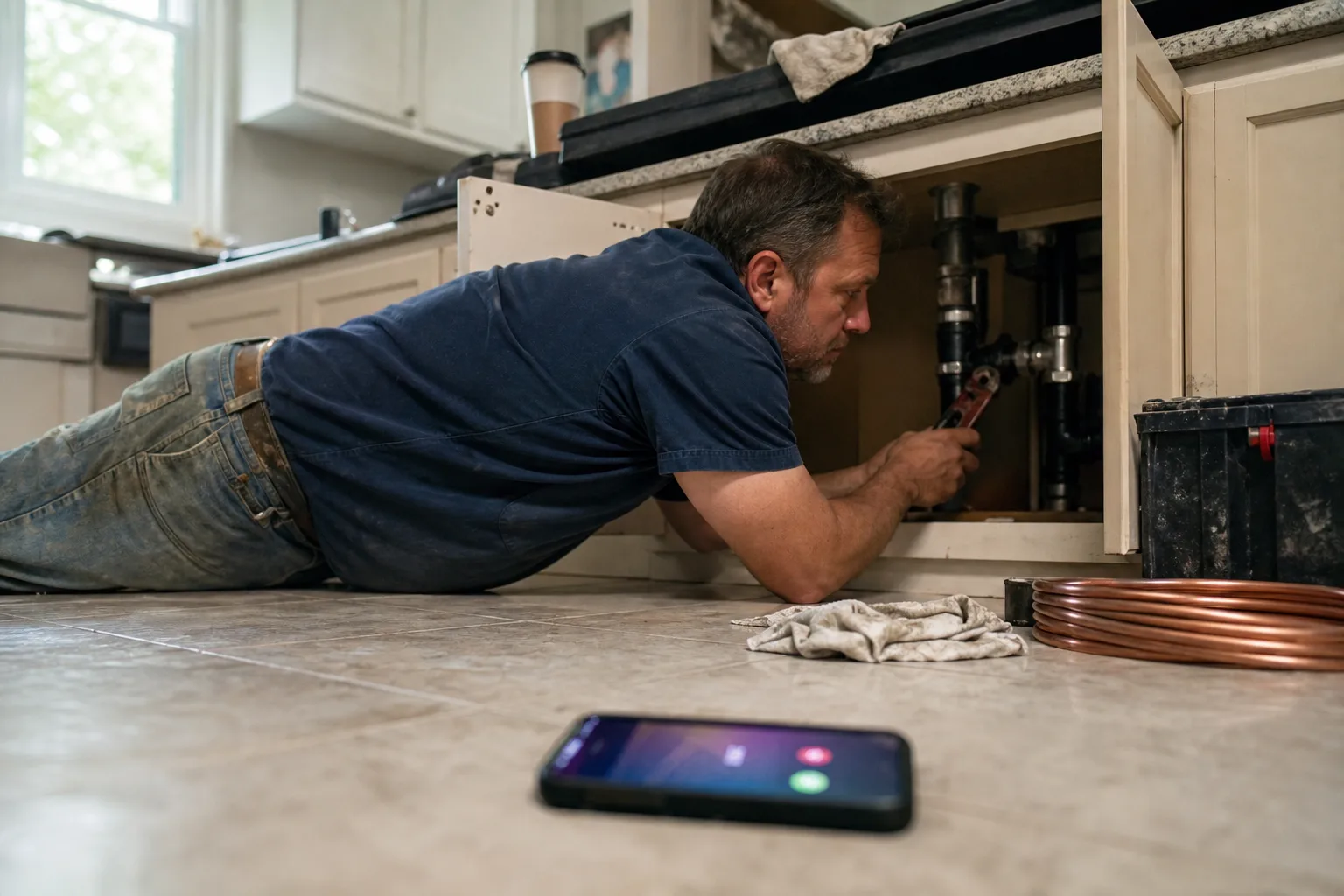 Plumber under a kitchen sink with hands full while a customer's call lights up a phone on the floor, the missed call an AI answering service would cat