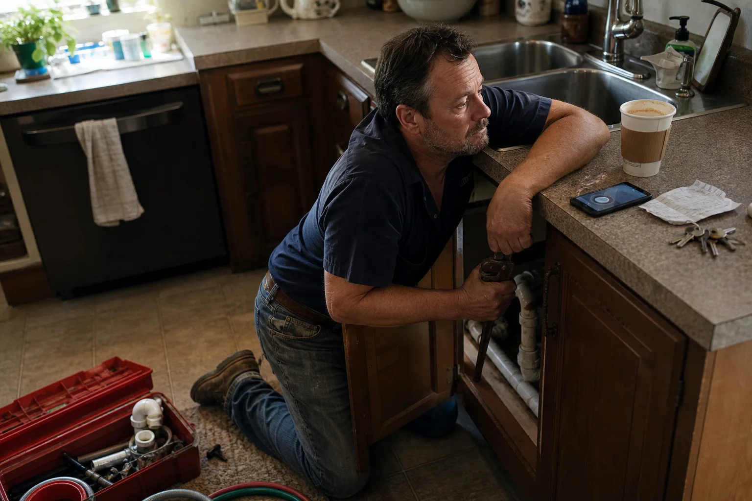 Plumber under a kitchen sink with hands on a wrench while his phone rings on the counter, the missed call a virtual receptionist would catch