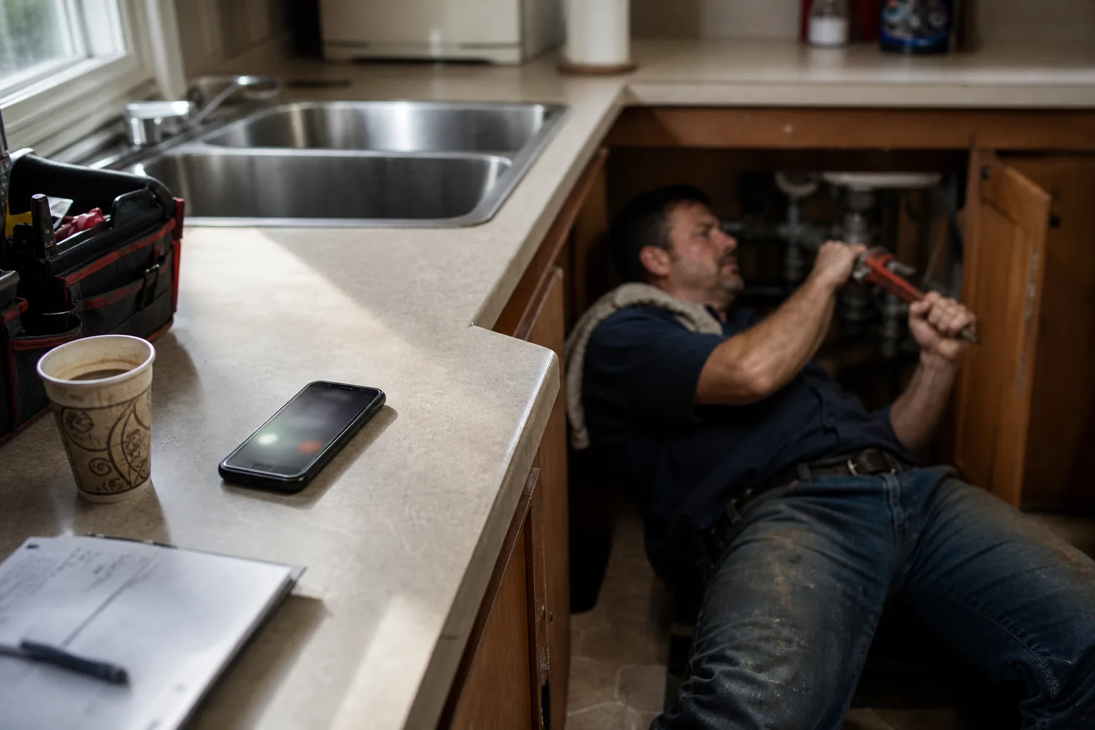 Plumber working under a kitchen sink while his phone rings unanswered on the counter, a missed call recovery moment