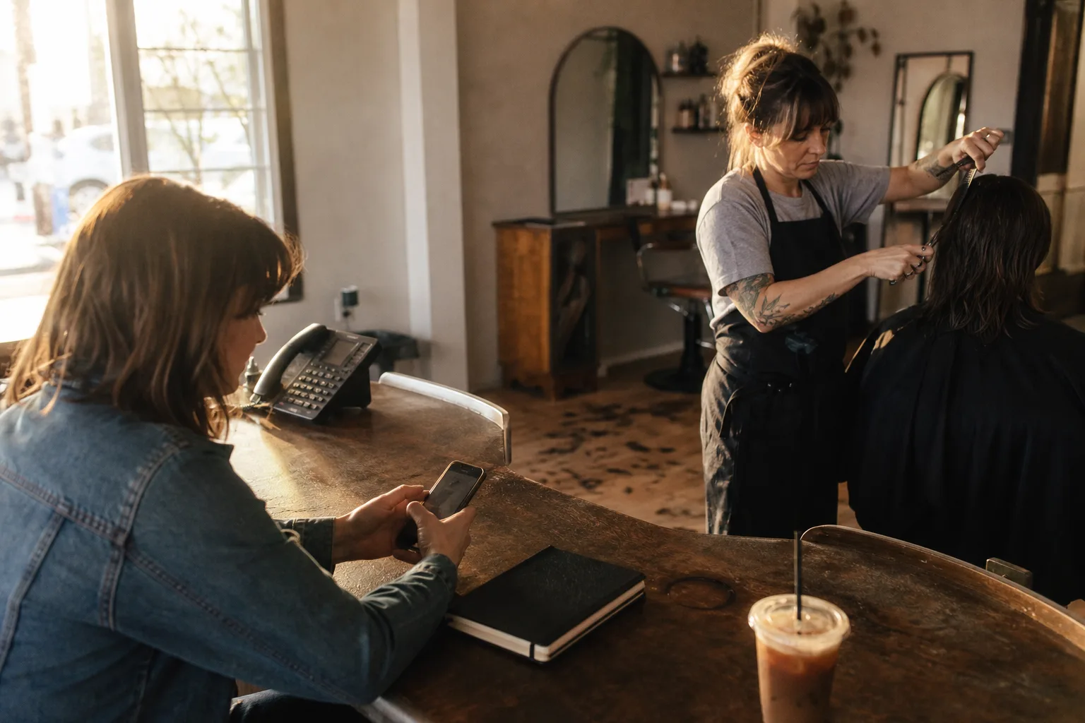 Salon owner keeps cutting hair while a client rebooks her own appointment by phone at the counter, automated booking in action