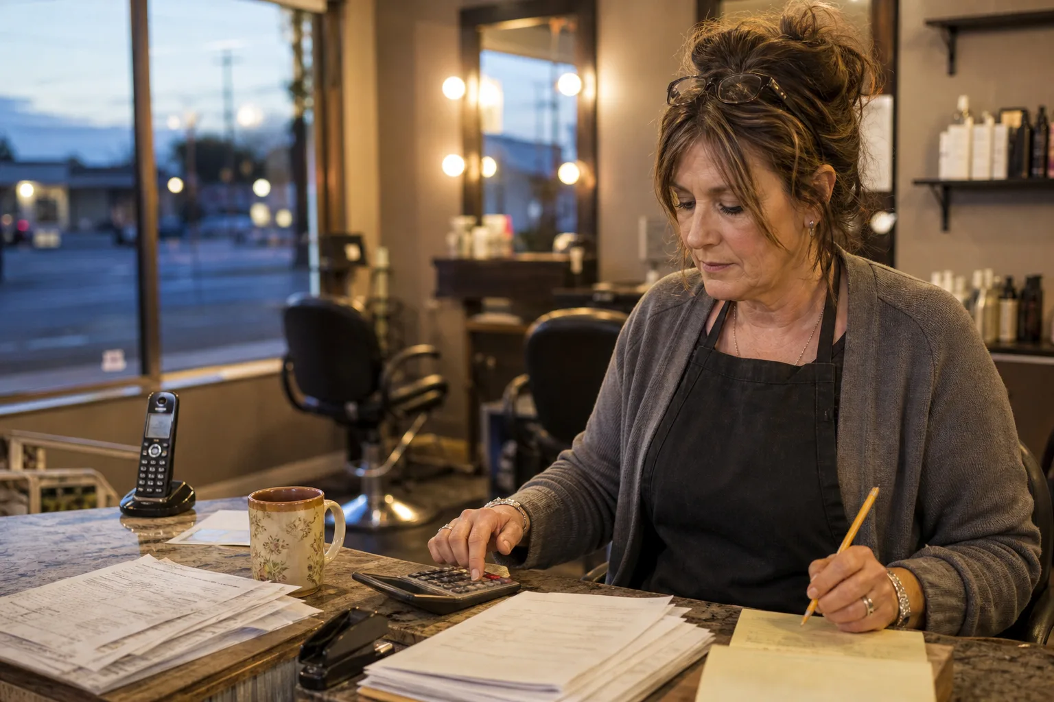 Salon owner at her front desk after hours with calculator and phone service invoices, comparing small business phone answering system costs