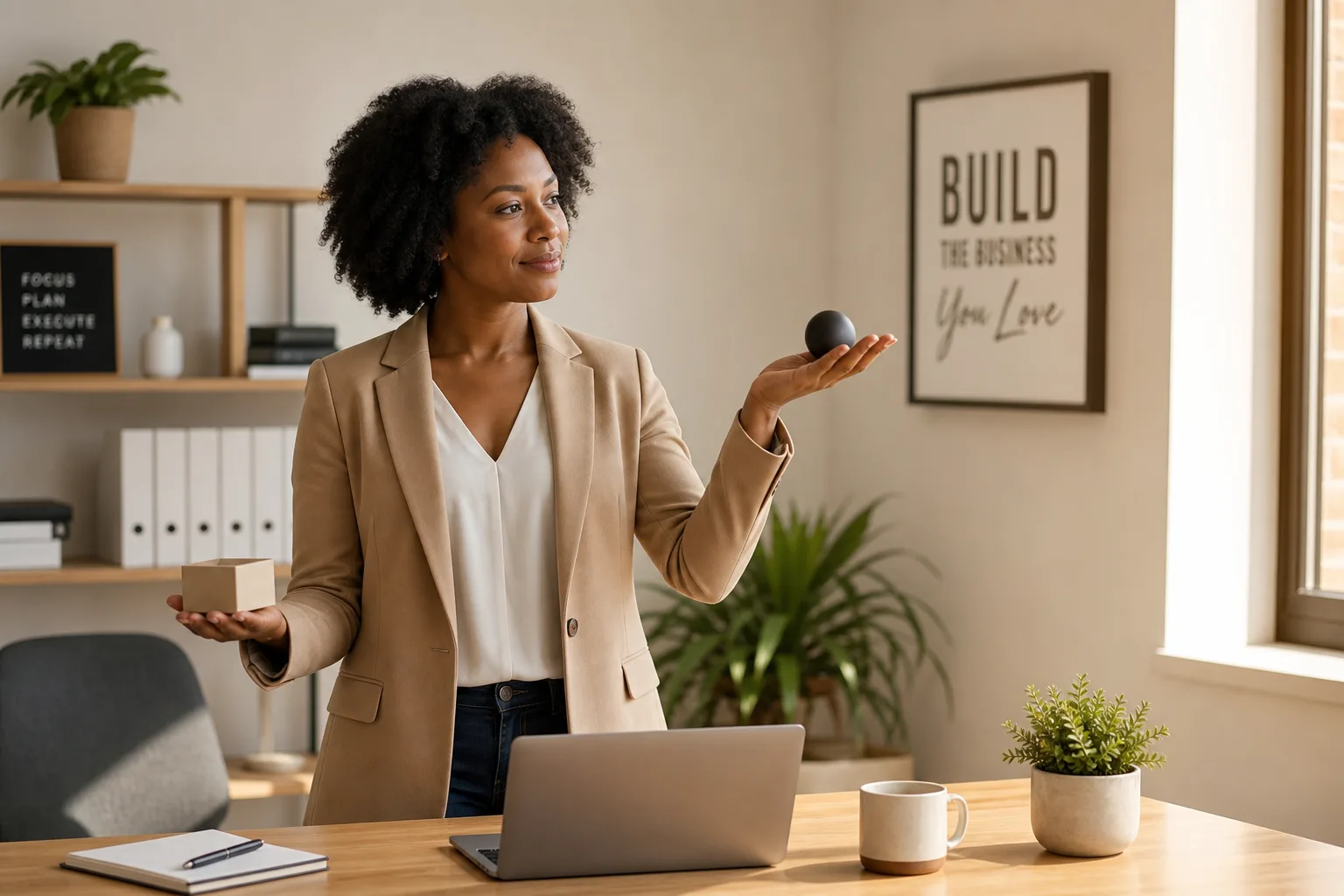 Small business owner weighing options at a bright modern desk, comparing answering service costs and quality