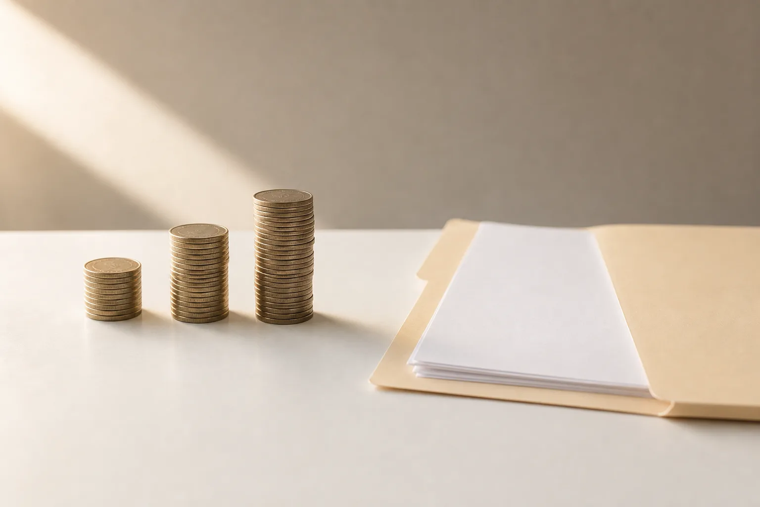 Three stacked coin piles of increasing height beside an open folder on a clean desk, illustrating tiered service pricing