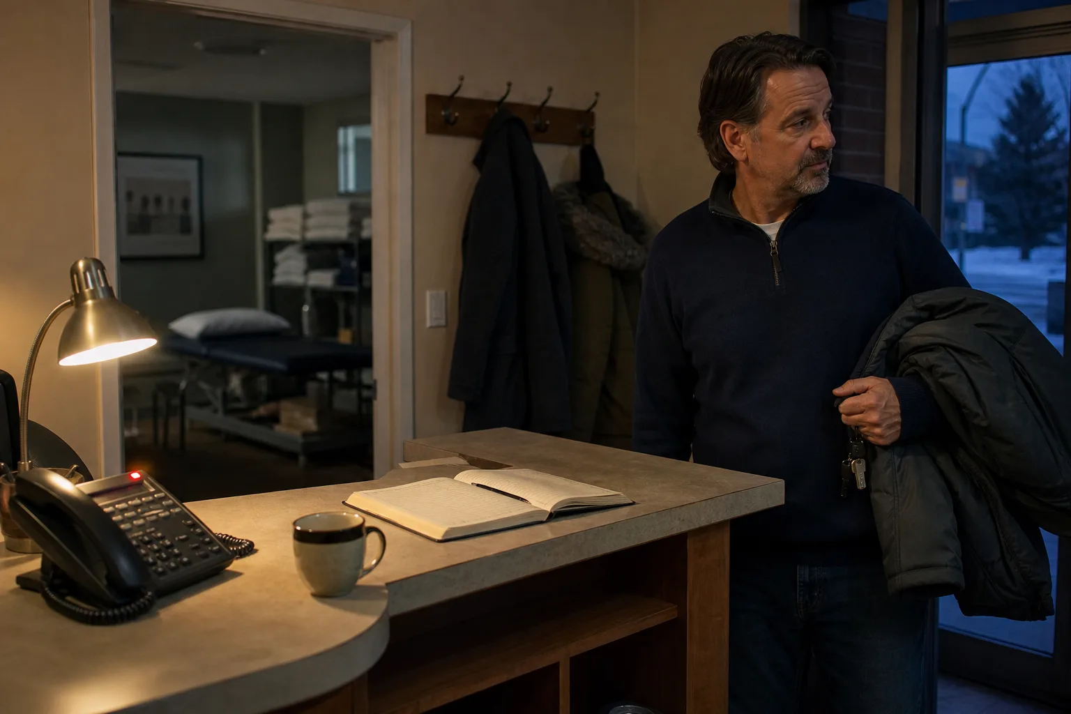 Canadian clinic owner locking up after hours while the reception phone rings unanswered, showing the limits of human call coverage