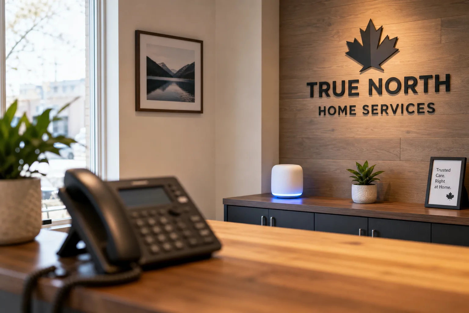 Unmanned reception desk with a ringing phone and a glowing AI device ready to answer calls