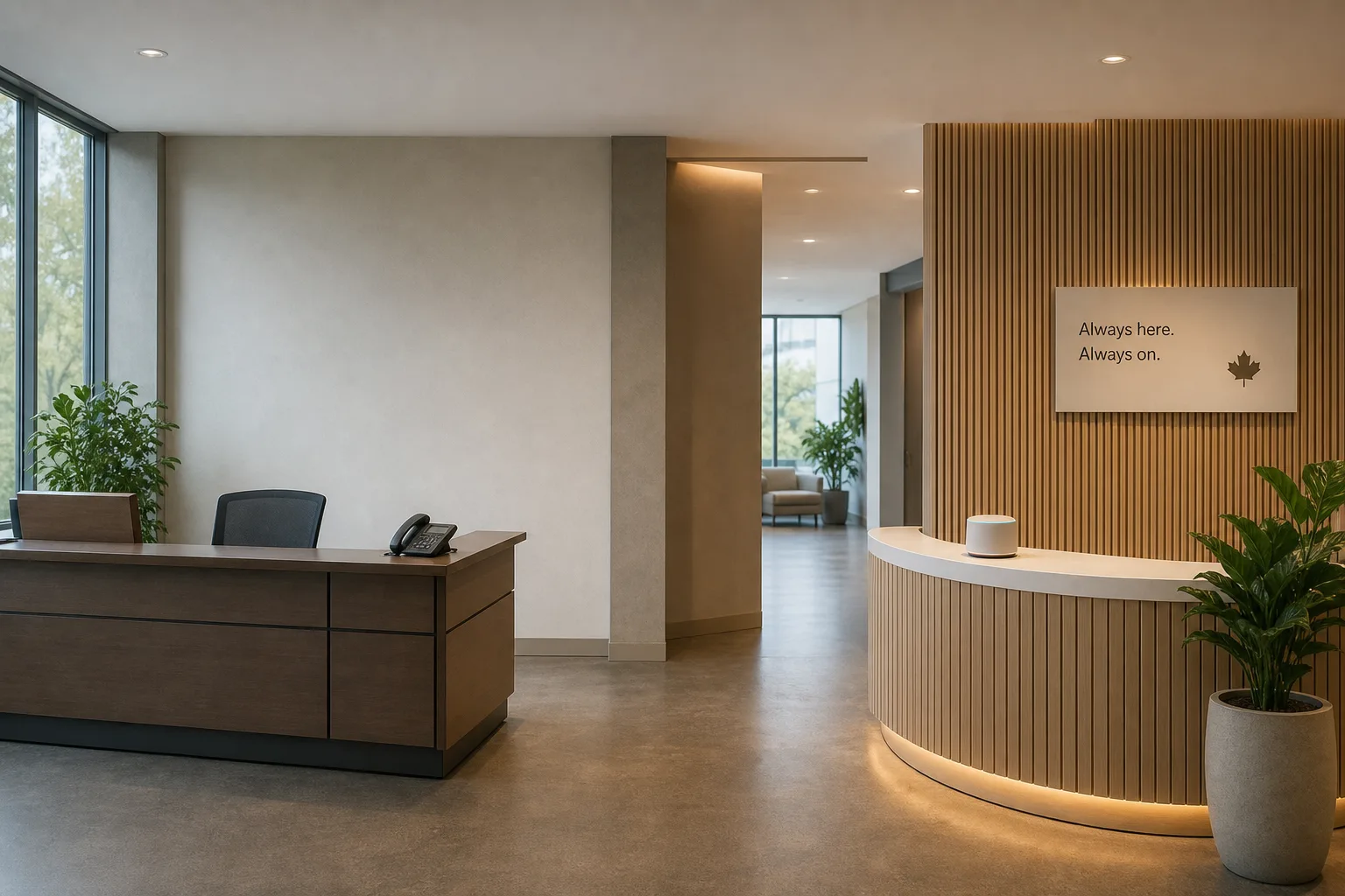 Empty traditional reception desk beside a glowing modern AI phone device in a bright Canadian office