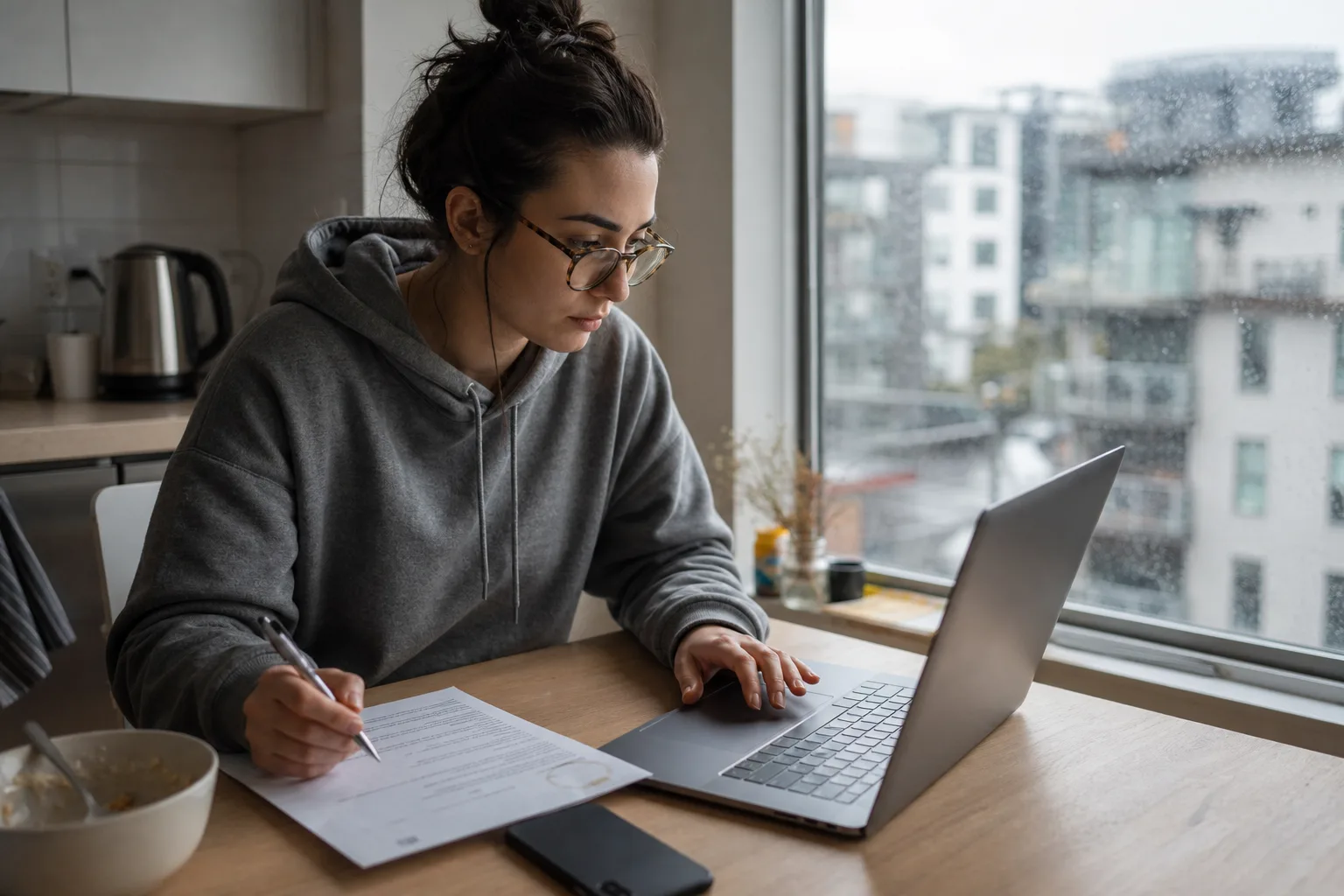 Woman applying for virtual receptionist jobs at her Vancouver kitchen table, resume and laptop out in early morning light