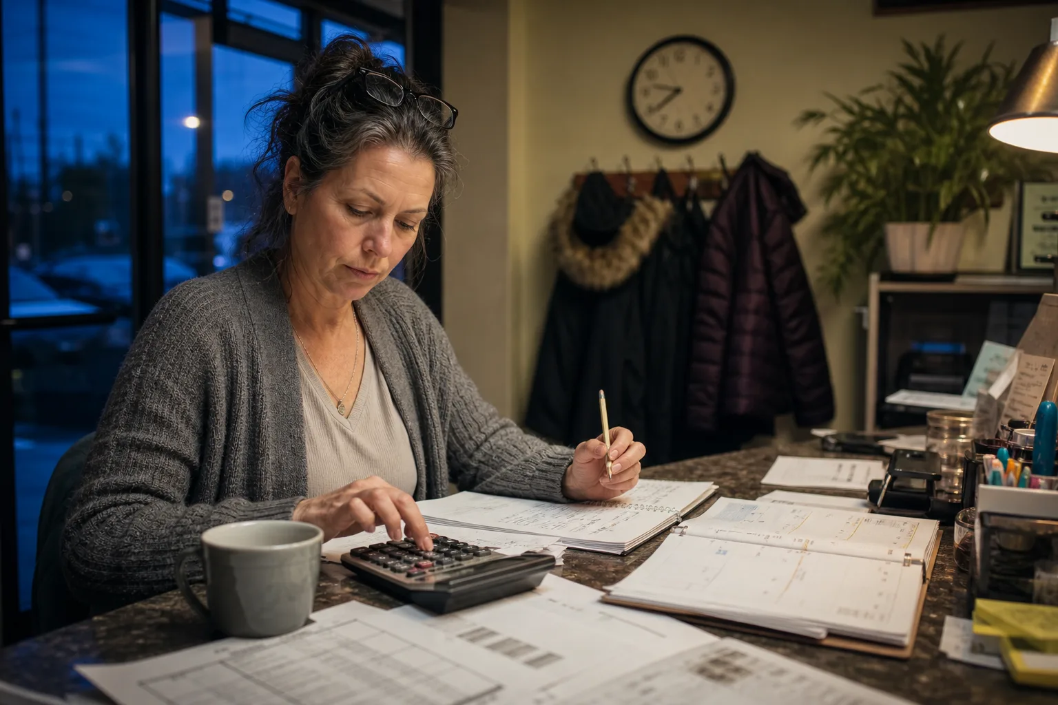 Canadian clinic owner after hours with calculator and call tallies, comparing answering service pricing models at her desk
