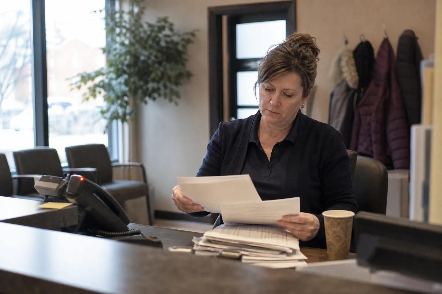 Receptionist at a Canadian dental clinic sorting paperwork while the desk phone rings unanswered, the gap an AI receptionist fills