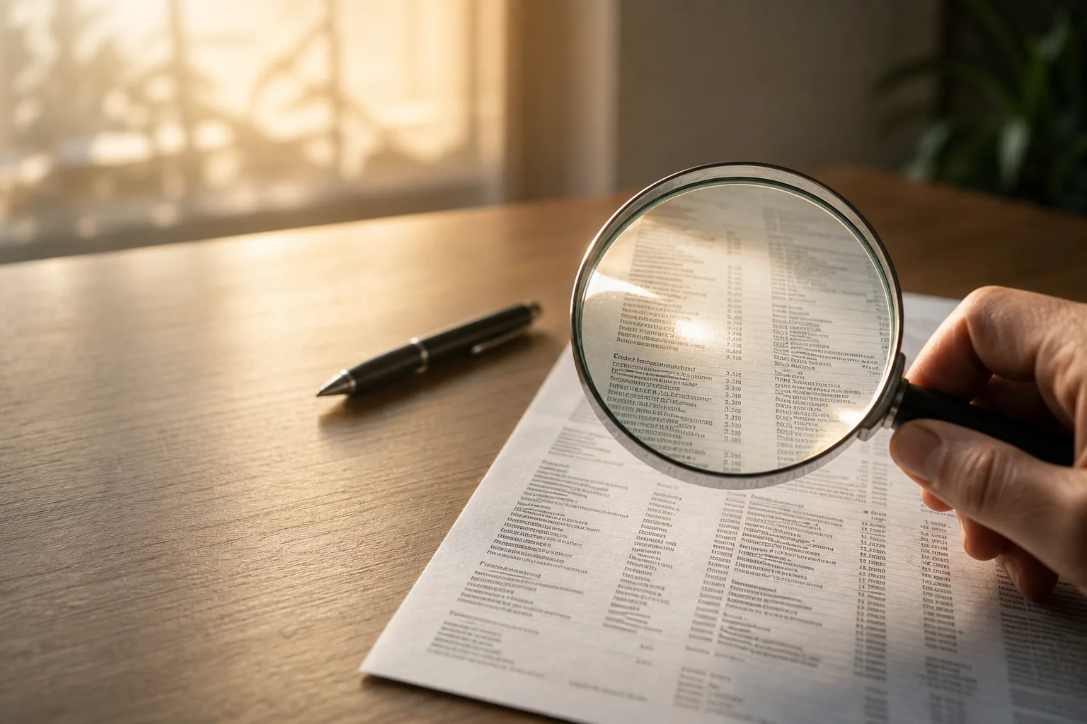 A magnifying glass held over a dense printed document on a wooden desk, highlighting hidden contract details