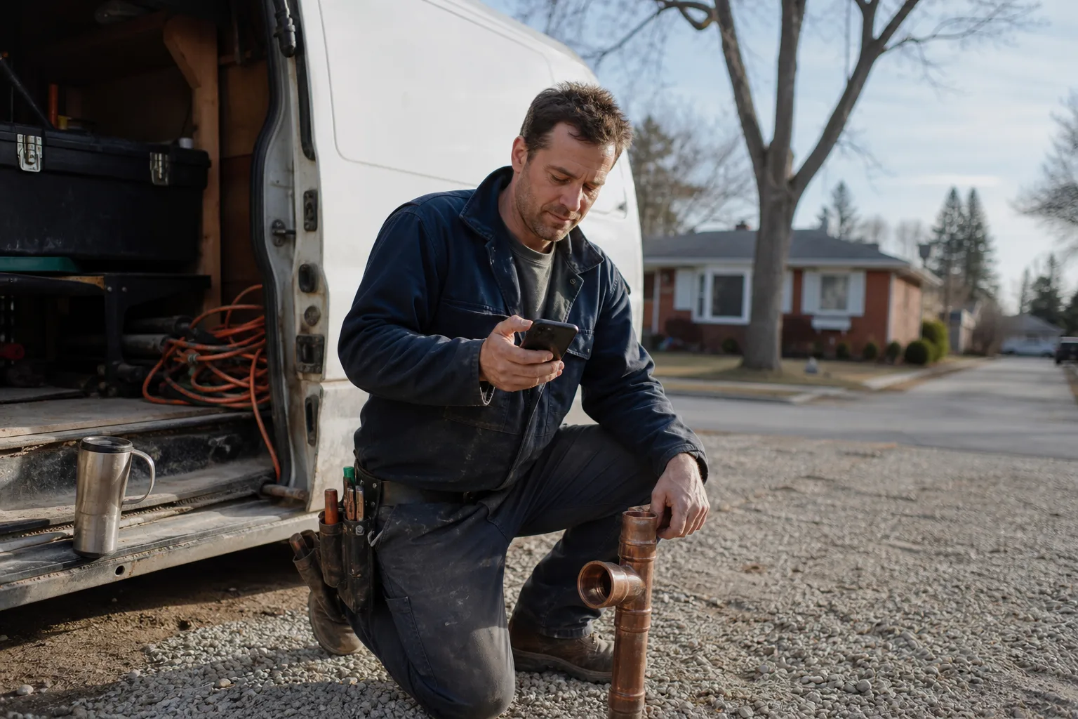 Canadian plumber kneels by his work van between jobs, checking AI phone secretary call summaries on his iPhone