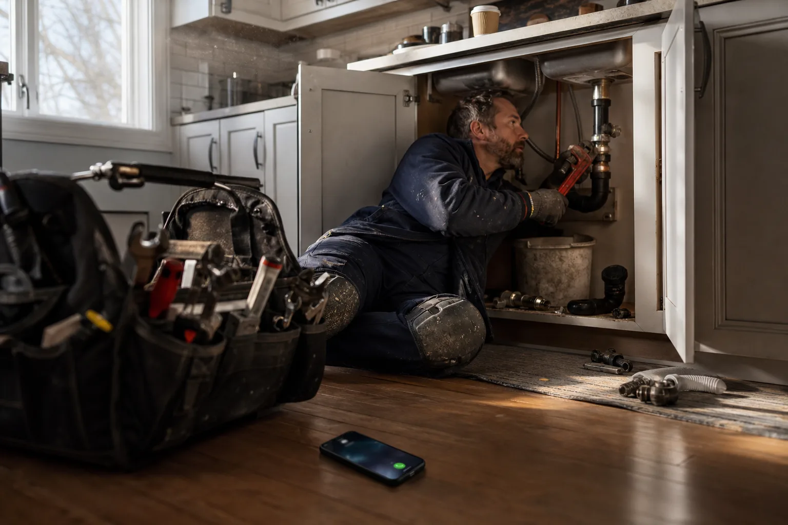 Plumber under a kitchen sink in Canada, hands busy with a wrench, while a phone rings unanswered on the floor beside his tools