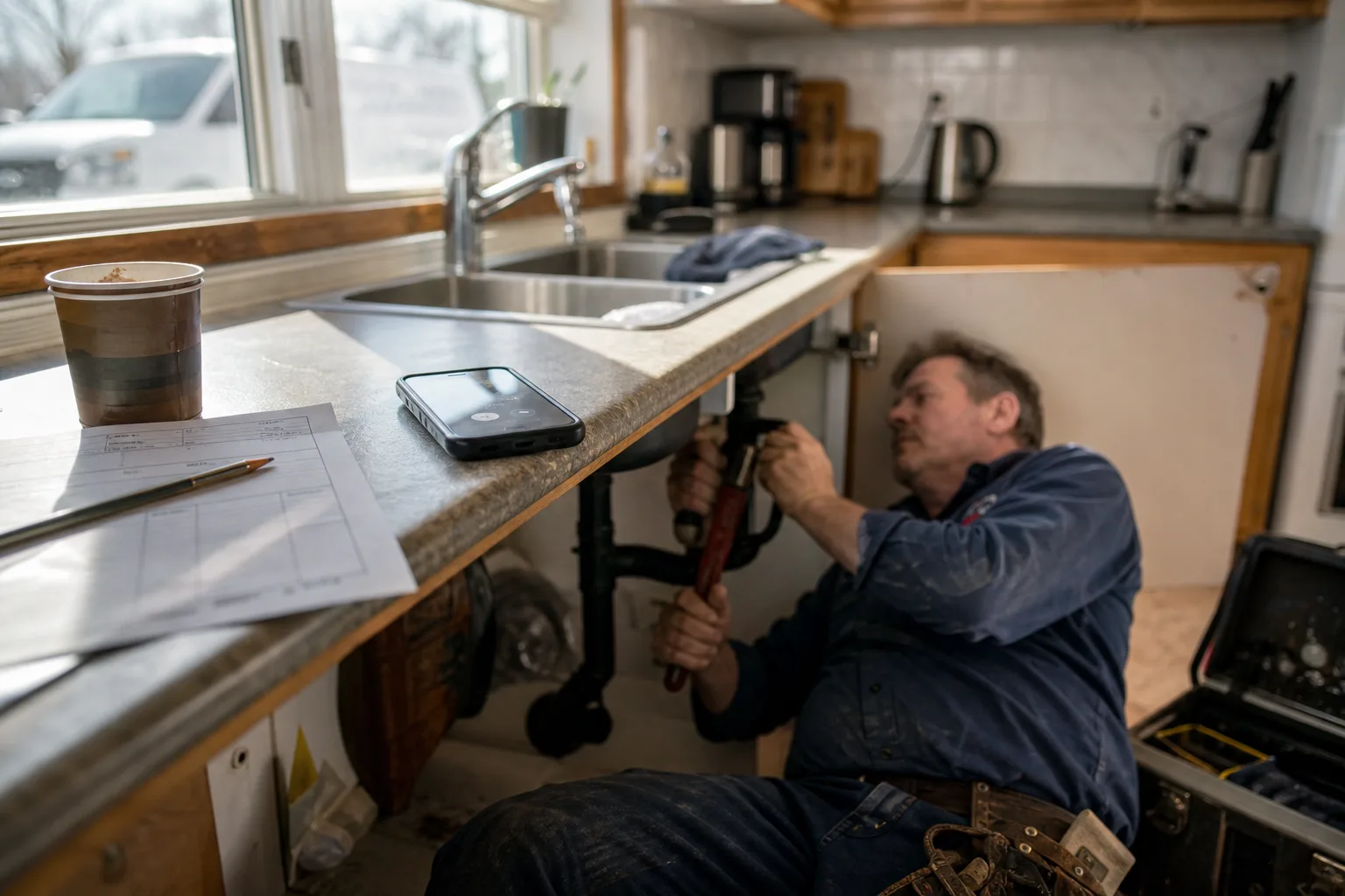 Plumber working under a kitchen sink while his phone rings unanswered on the counter, showing why call handling matters