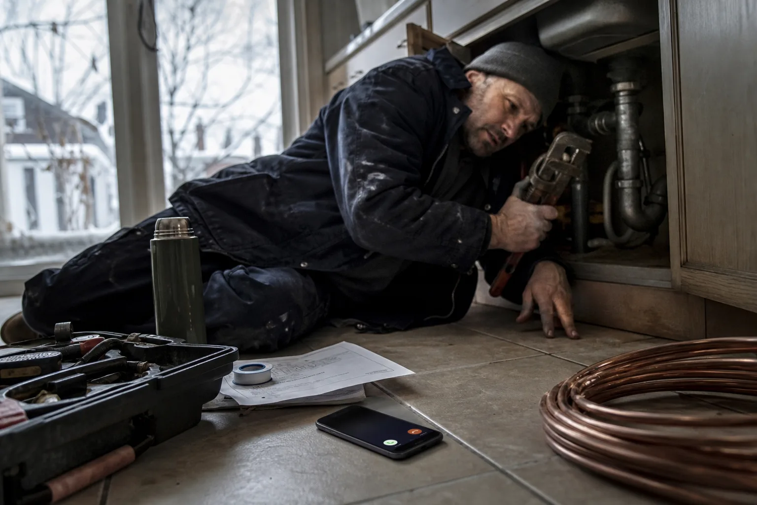 Plumber under a Toronto kitchen sink unable to reach his ringing phone, showing the missed-call side of small business communication