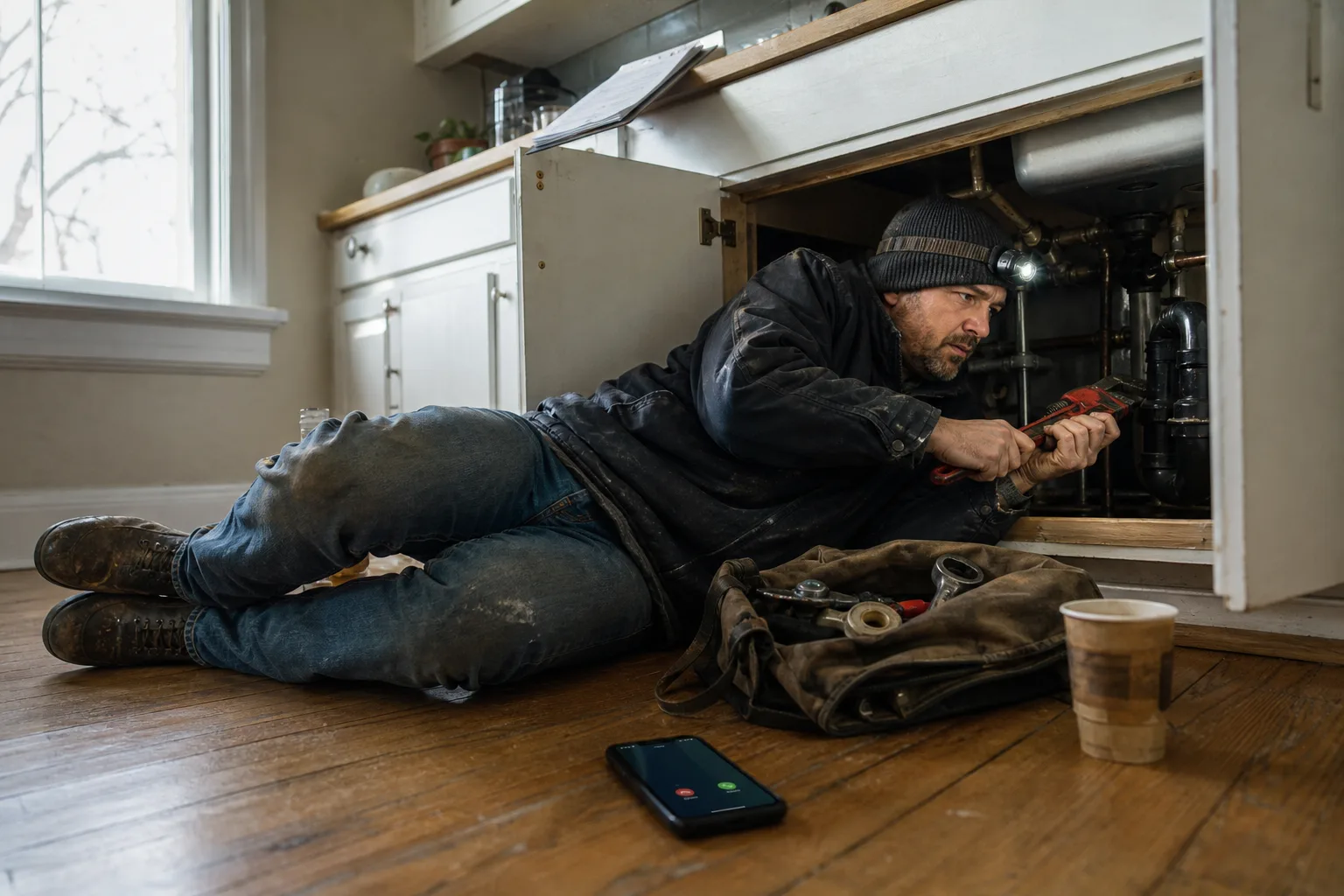 Plumber under a kitchen sink with wrench in both hands while his phone rings unanswered on the floor beside him