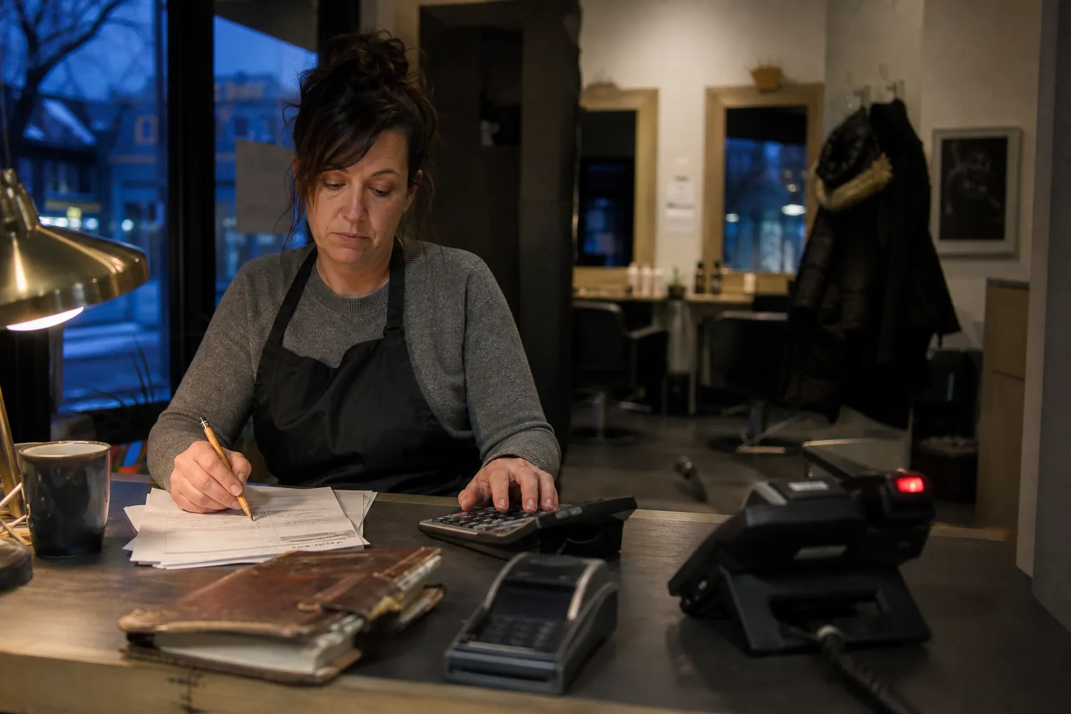 Salon owner in Canada tallying invoices at closing time while the desk phone rings, weighing virtual assistant costs