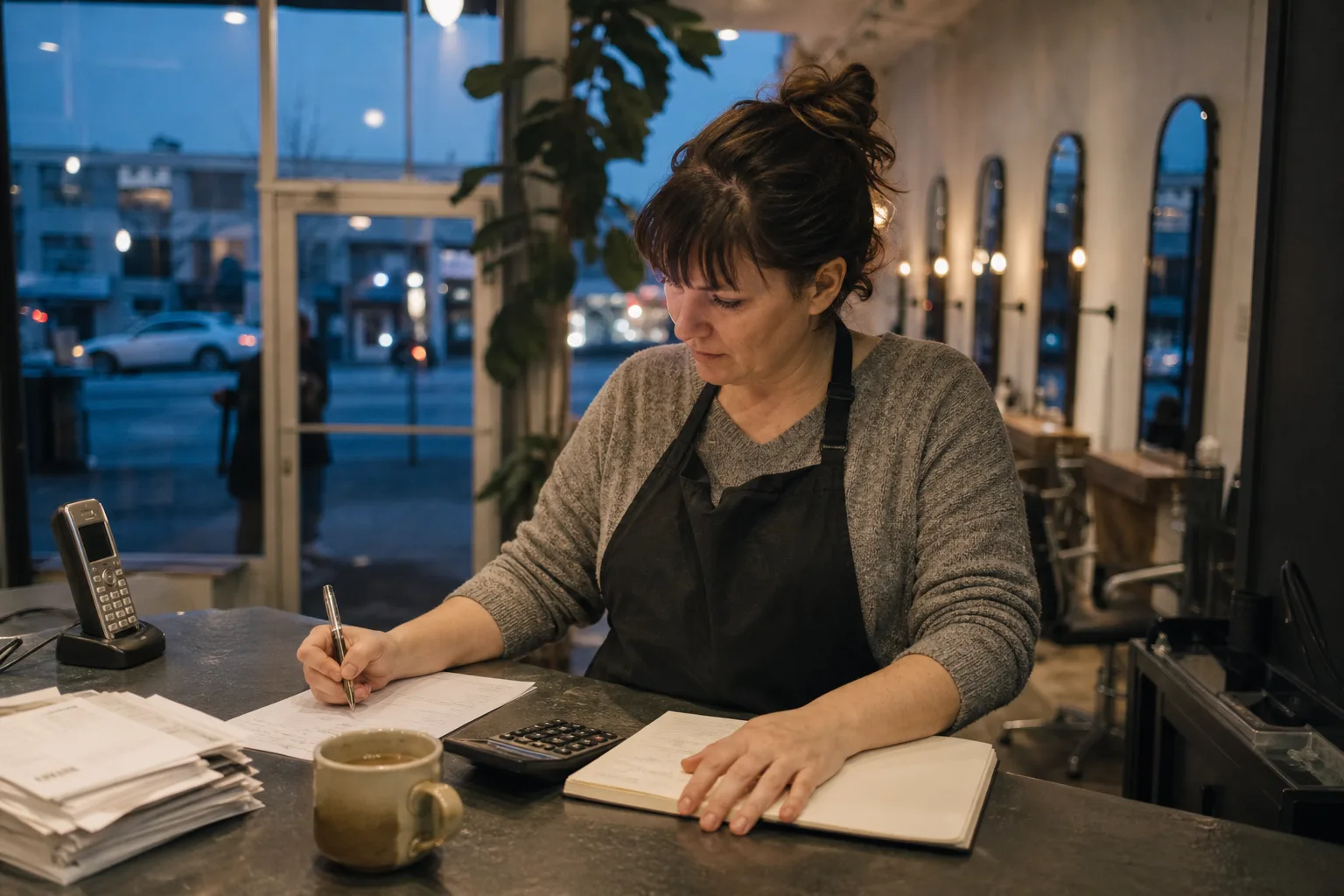 Salon owner in Vancouver reviewing a virtual receptionist services invoice with calculator and bills at her front counter after closing