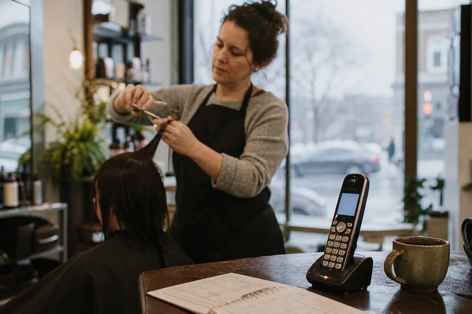 Halifax salon owner mid-haircut, hands full, as her business phone rings unanswered on the front desk