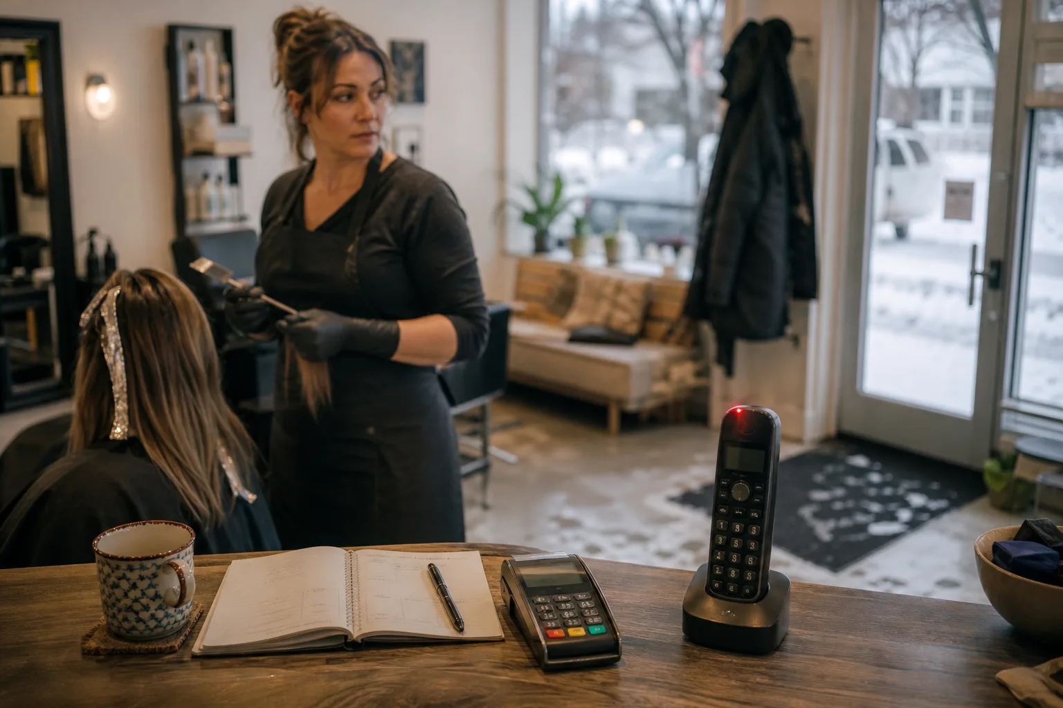 Salon owner mid-foil glancing at a ringing phone at the front desk, showing why call handling matters for small businesses