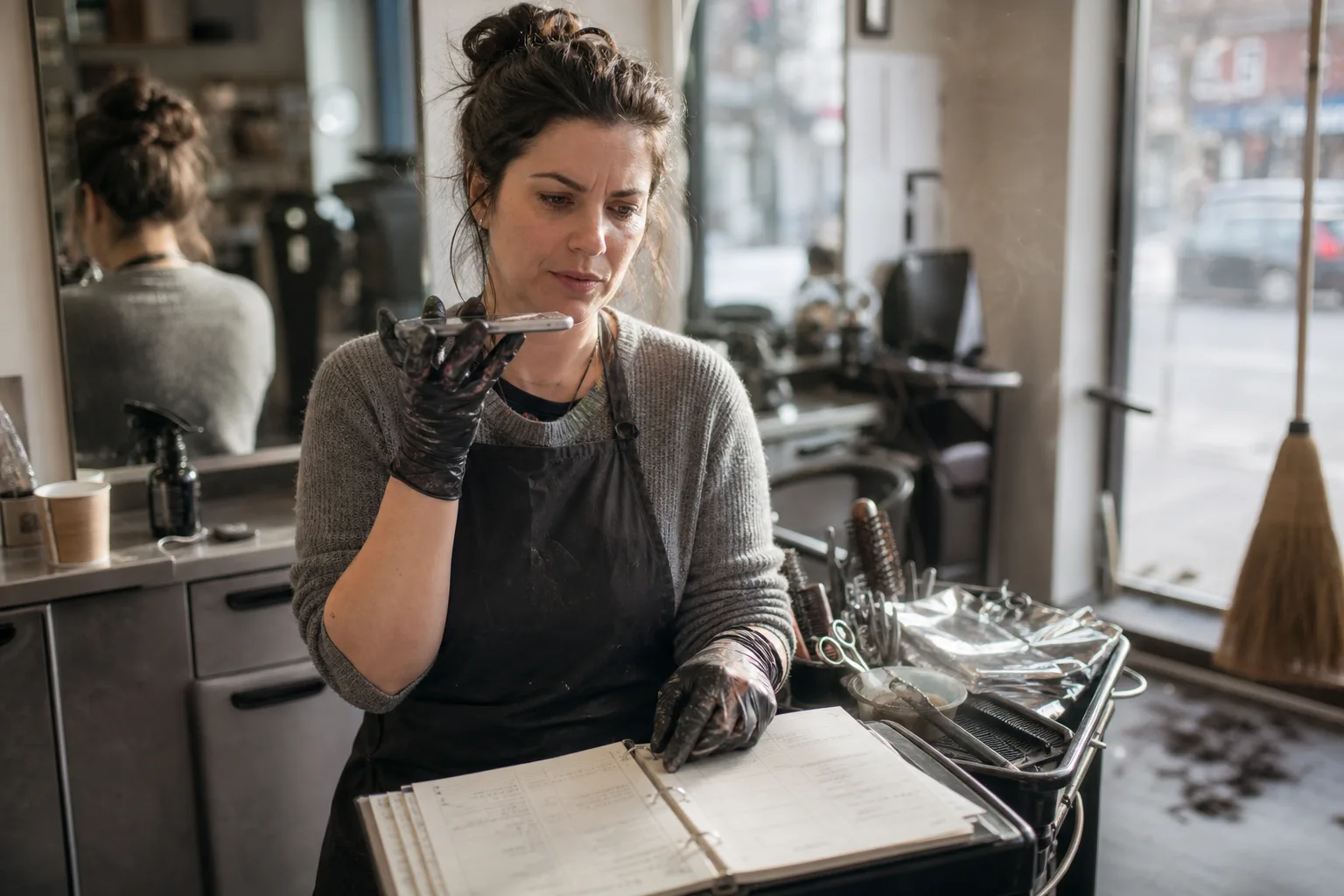 Montreal salon owner test-calling an AI phone answering app on speakerphone while checking her appointment book between clients