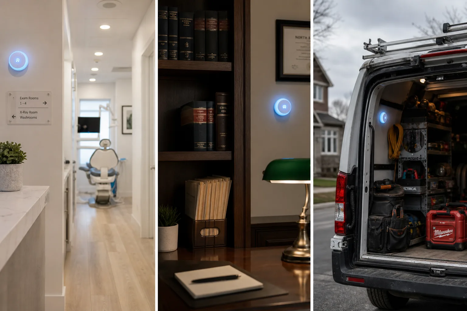 Three small business settings — clinic, law office, and tradesperson van — each with a soft AI ambient glow