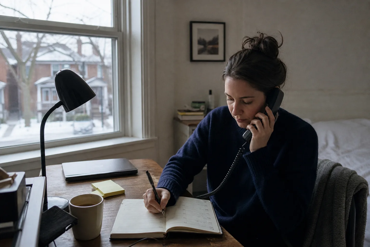 Woman working virtual receptionist job from a Toronto home office, taking a call and writing an appointment in a paper diary