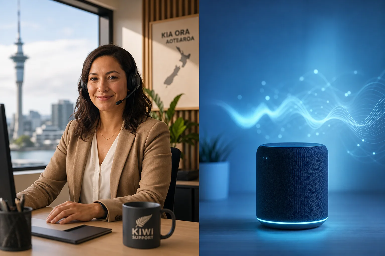 A split scene comparing a human receptionist with a headset and an AI voice device, representing business call handling choices