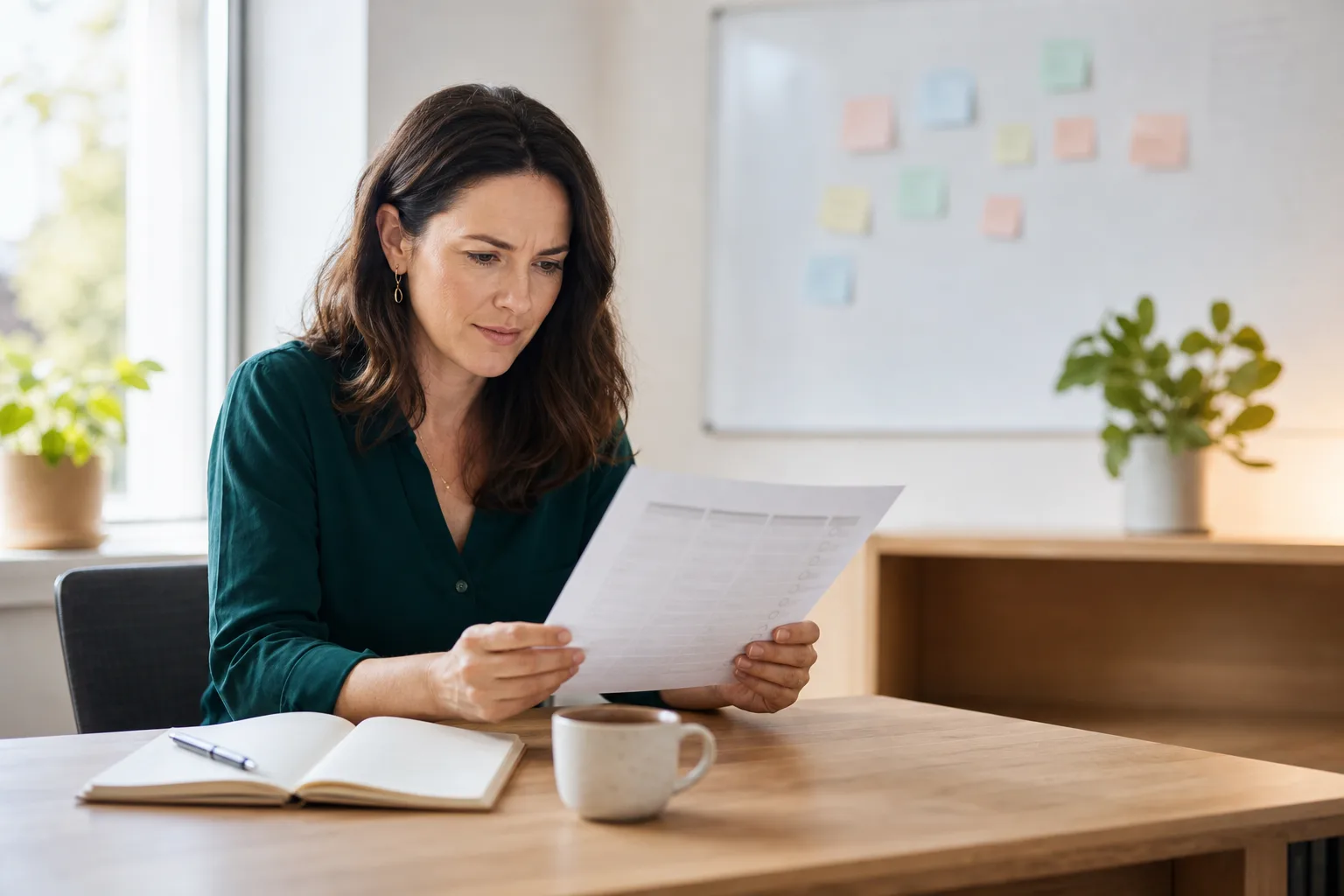 A woman carefully reviews a printed checklist at a small business desk, evaluating service features in natural light