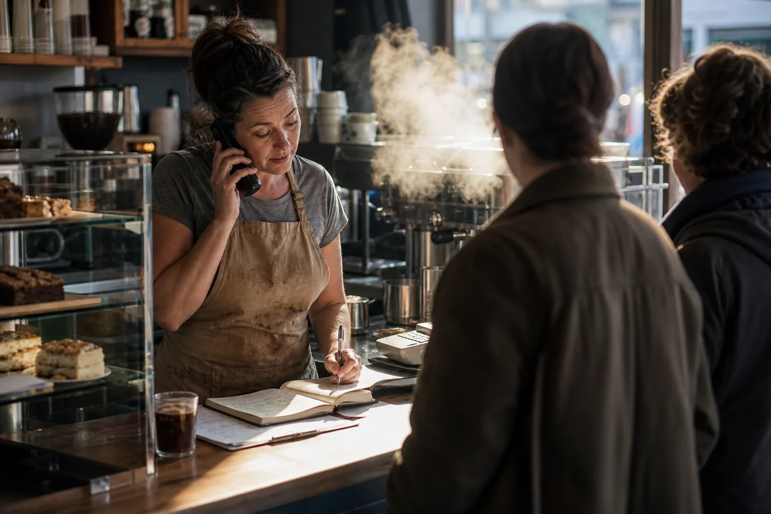 Wellington cafe owner takes a phone booking mid-service while customers wait, showing one way small businesses handle calls in house
