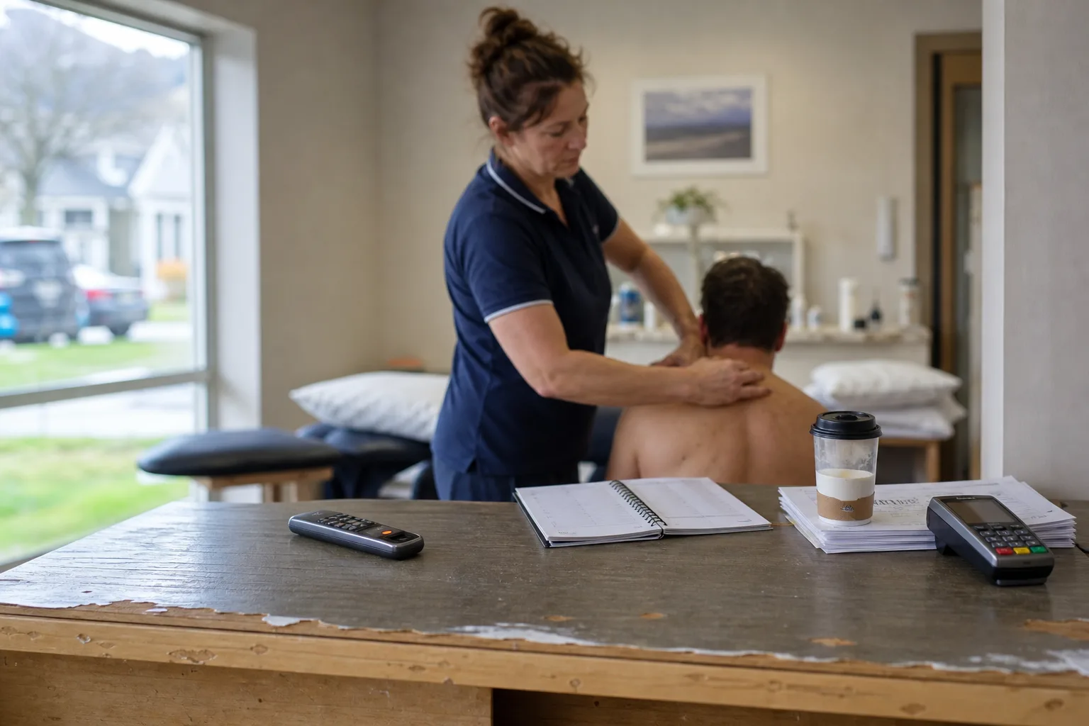Physiotherapist treating a patient while a phone rings unanswered at the empty front desk of a New Zealand clinic