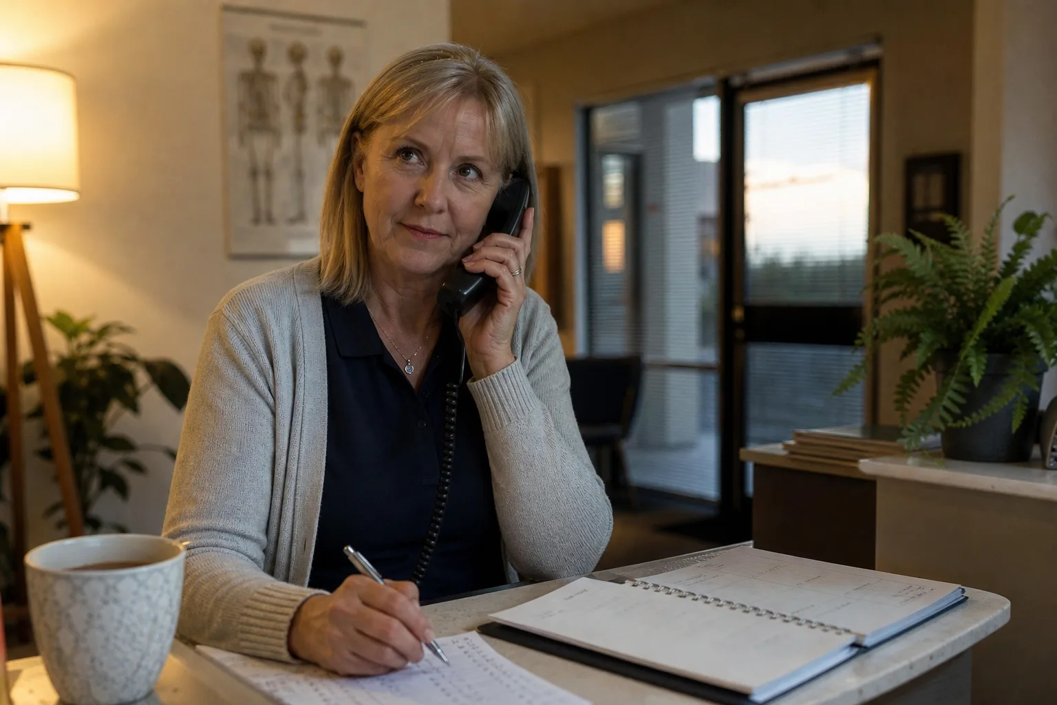 New Zealand clinic owner testing answering service companies by phone at her reception desk after hours, checklist in hand
