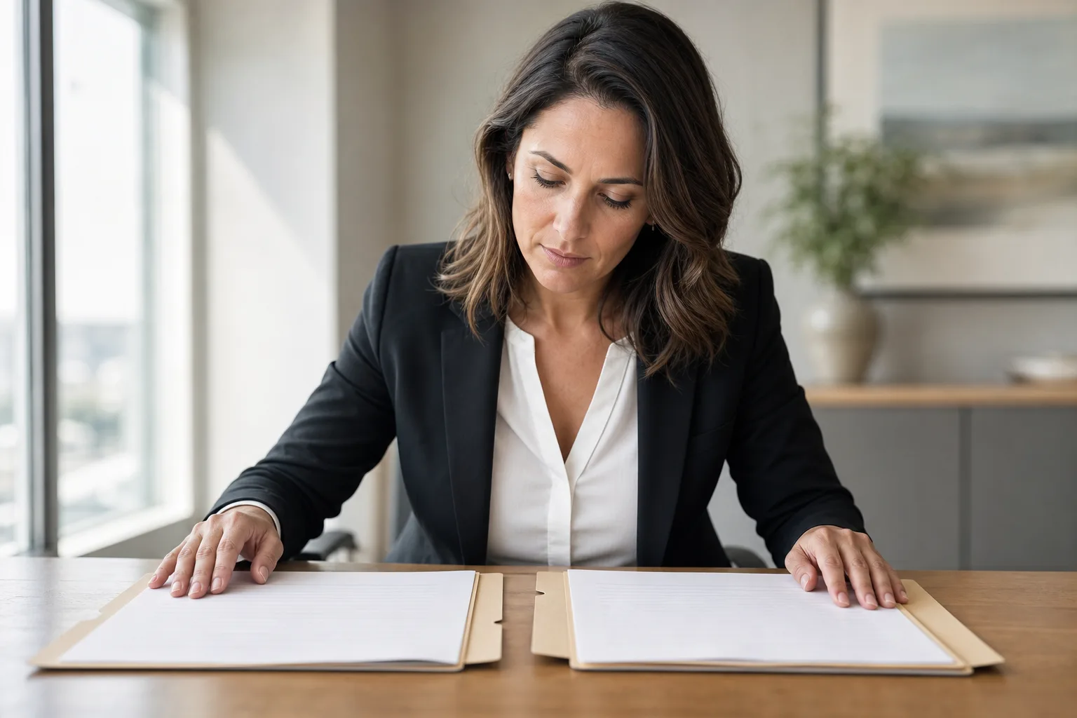 Businesswoman carefully comparing two open folders side by side on a desk, evaluating call answering service features