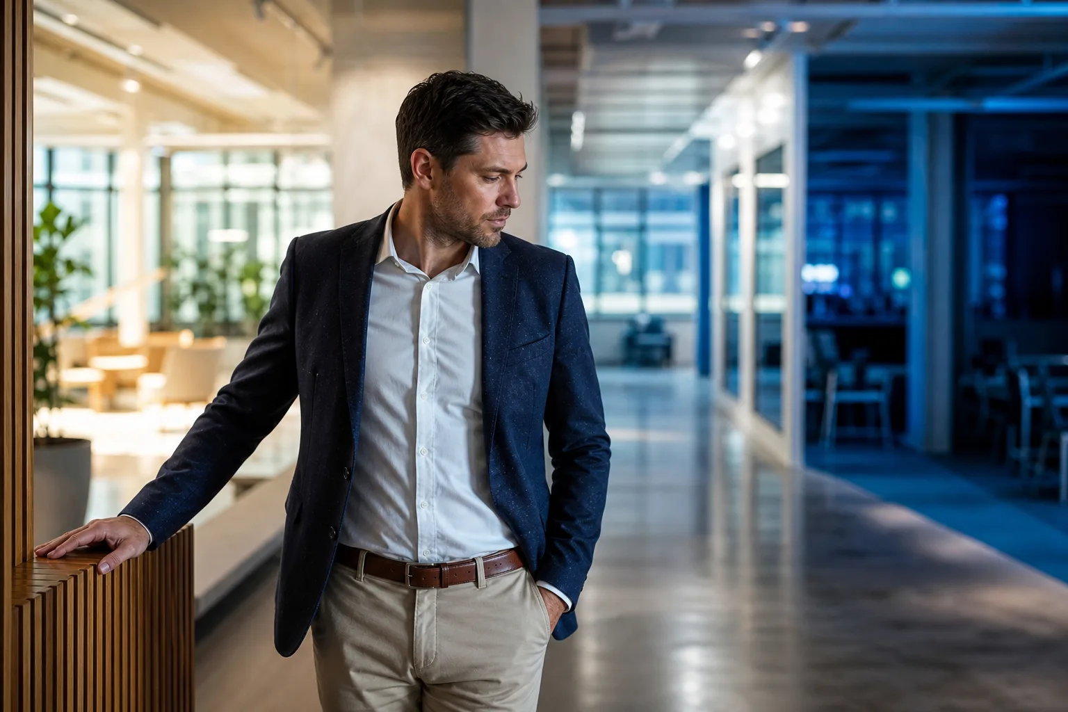 Business owner pausing at a corridor junction in a modern NZ office, deliberating between two distinct paths