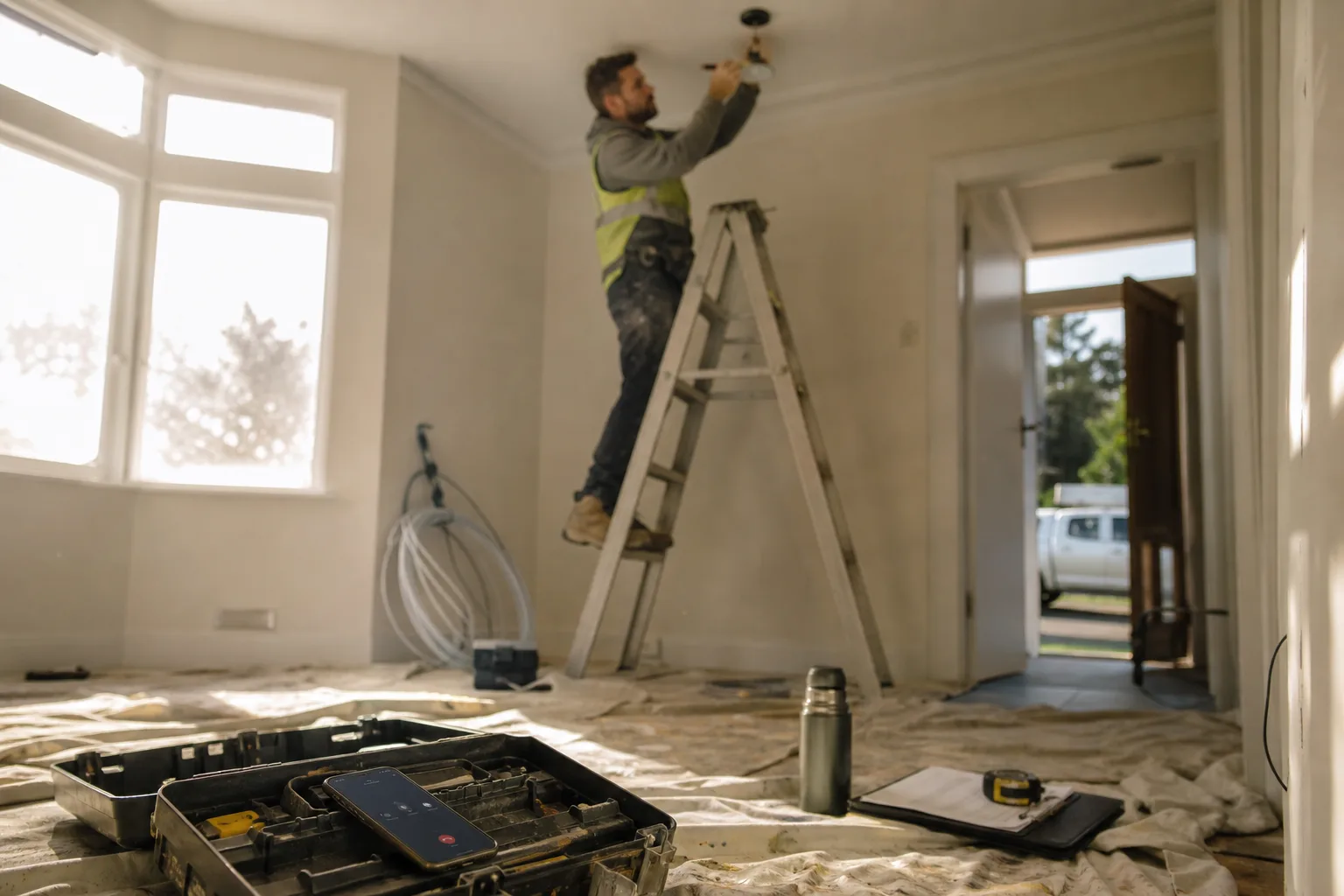 New Zealand electrician up a ladder mid-job while his phone rings unanswered on a toolbox below, showing the missed-call problem