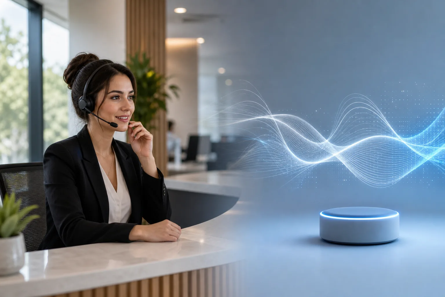 A receptionist with a headset beside an AI voice device, representing the choice of call answering models