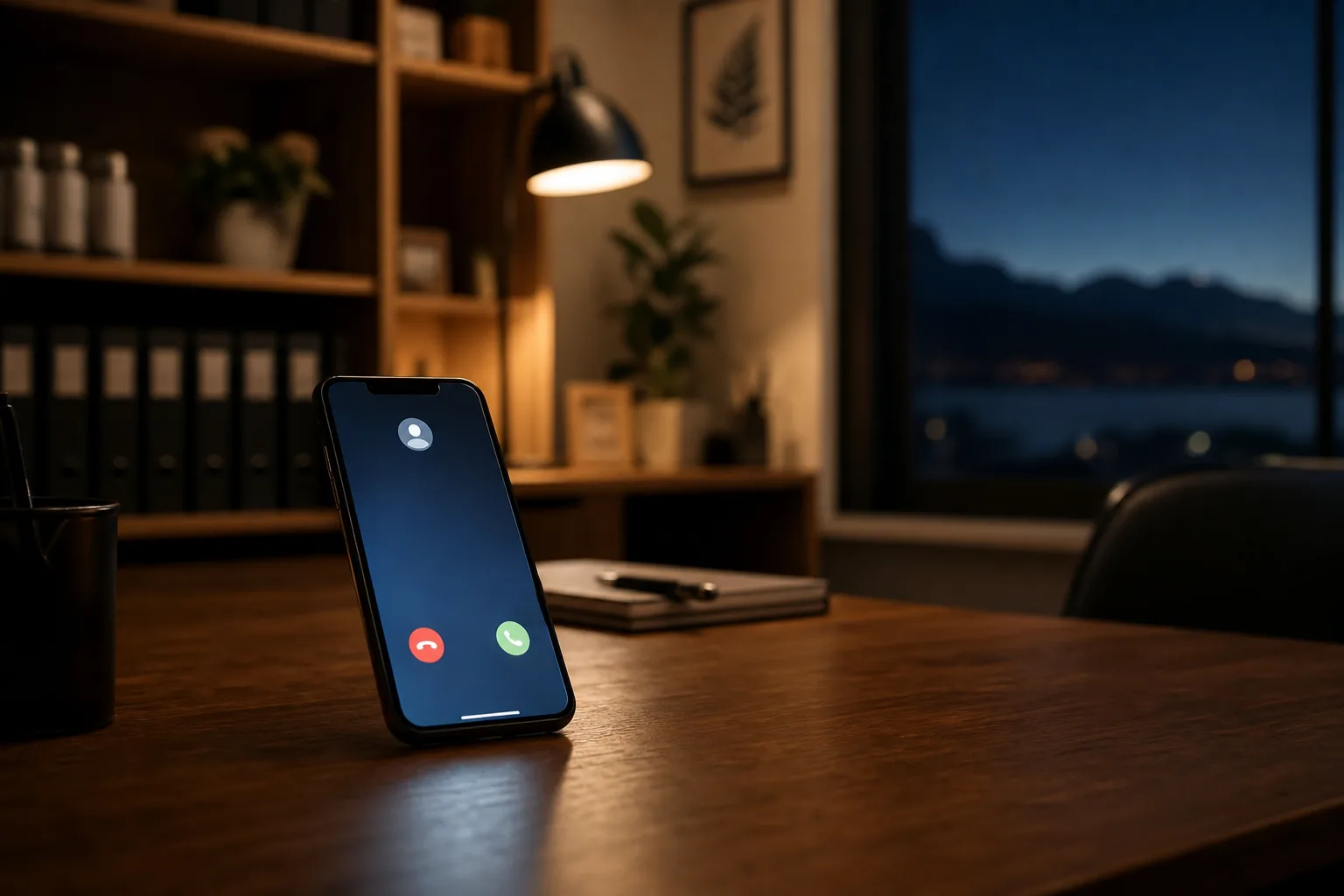A glowing smartphone on a wooden desk receiving a call in a warmly lit small business office at night