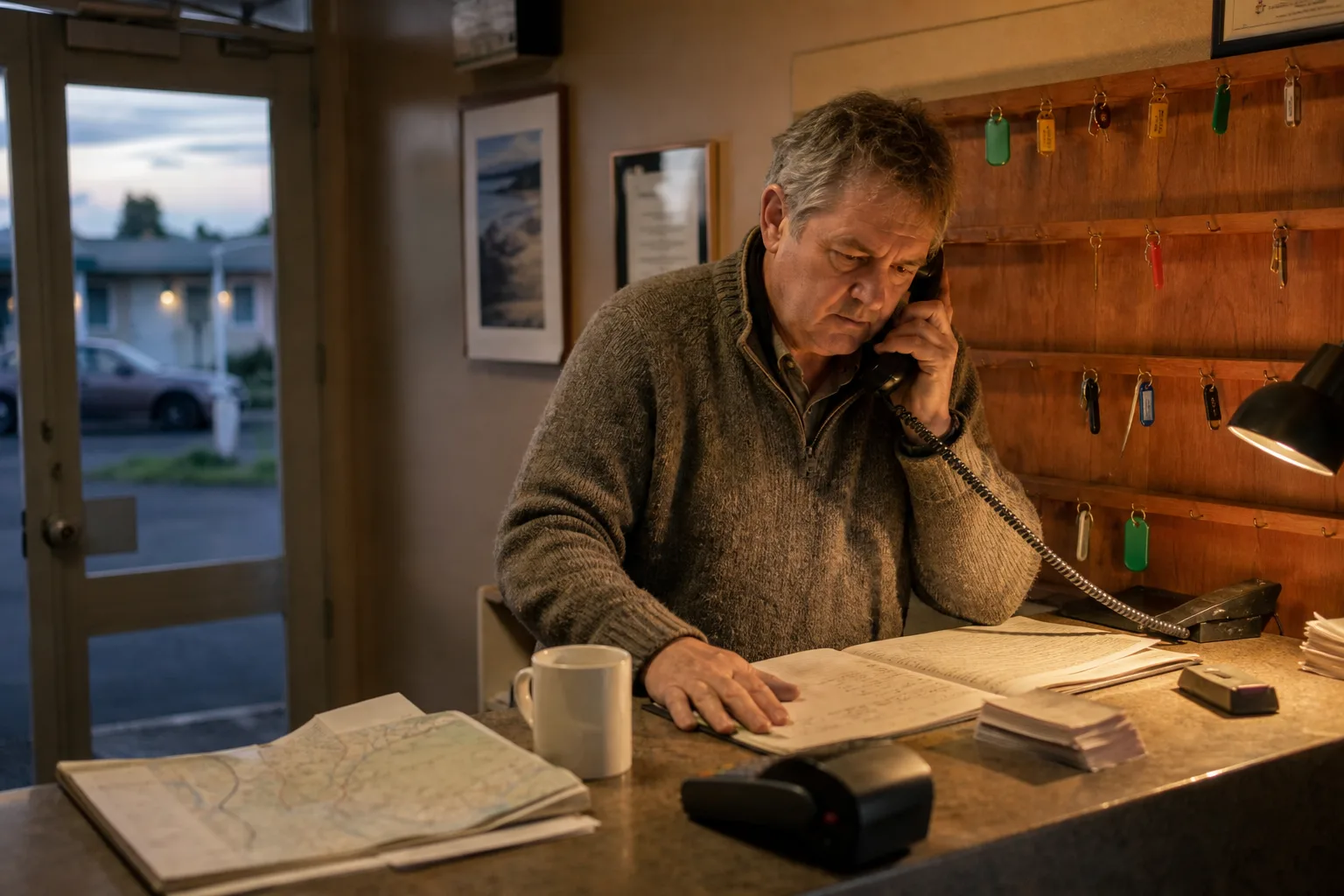 New Zealand motel owner takes a sensitive booking call at a quiet front desk while routine calls are handled by front desk automation