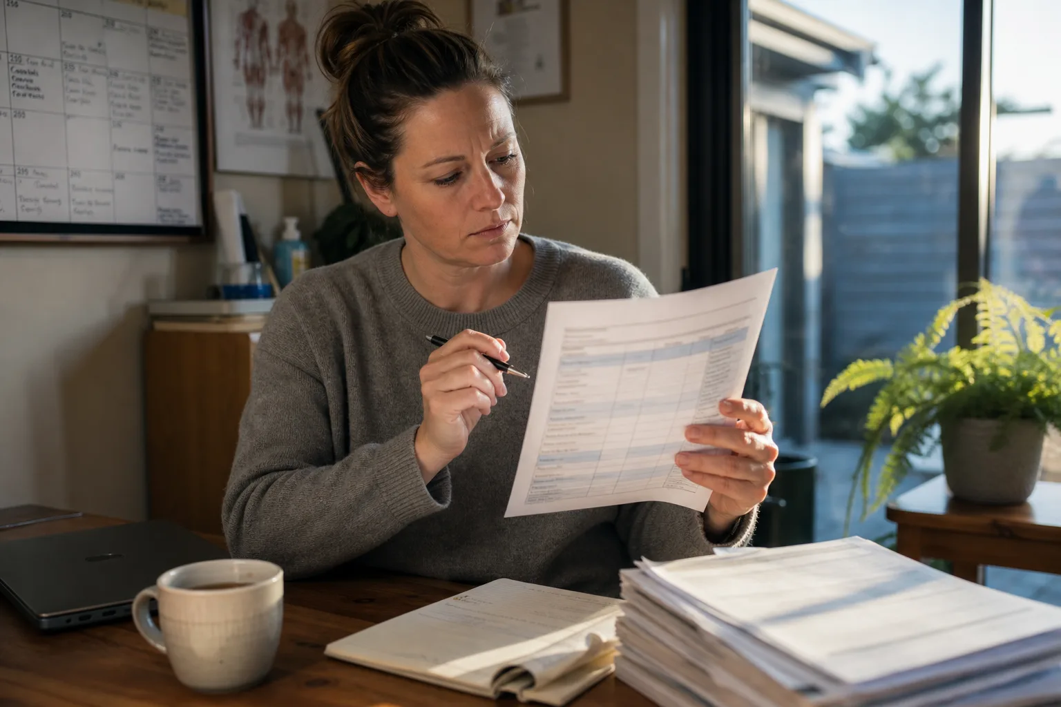 New Zealand physiotherapy clinic owner reviewing a phone answering service comparison checklist at her office desk in Hamilton