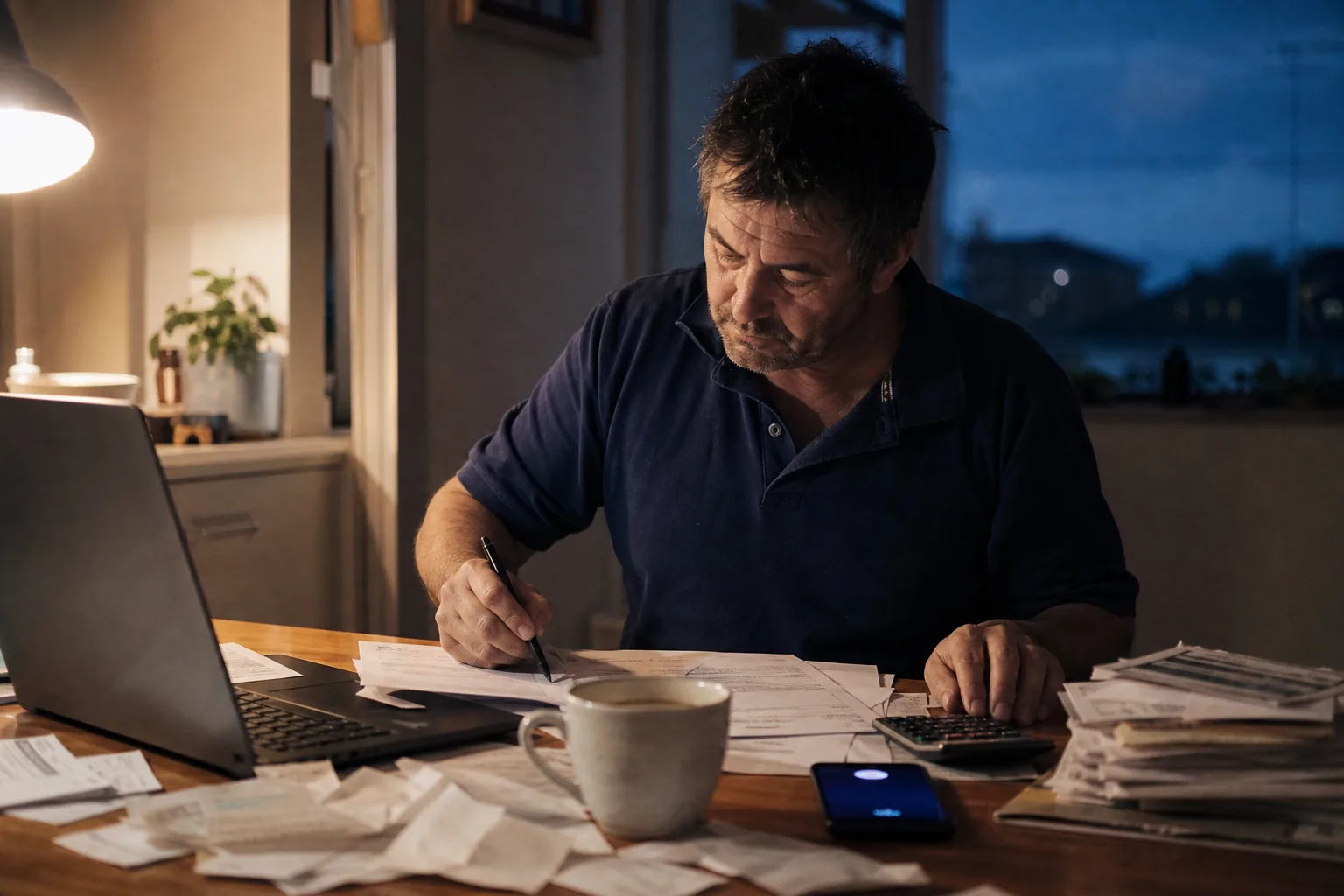 A New Zealand plumber at his kitchen table at night, calculating invoices while his phone lights up with an incoming call.