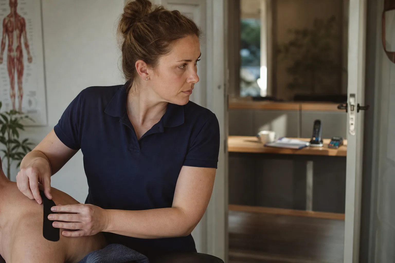 Physiotherapist treating a patient while the clinic phone rings unanswered at the empty front desk, a call handling moment