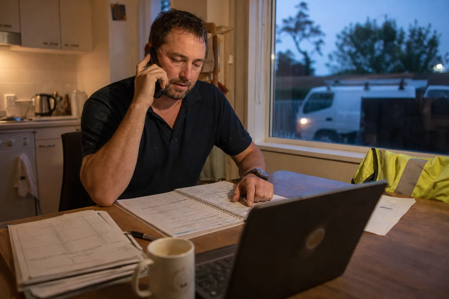 Hamilton plumber at his kitchen table after hours, phone to ear and job diary open, weighing phone versus online appointment booking options