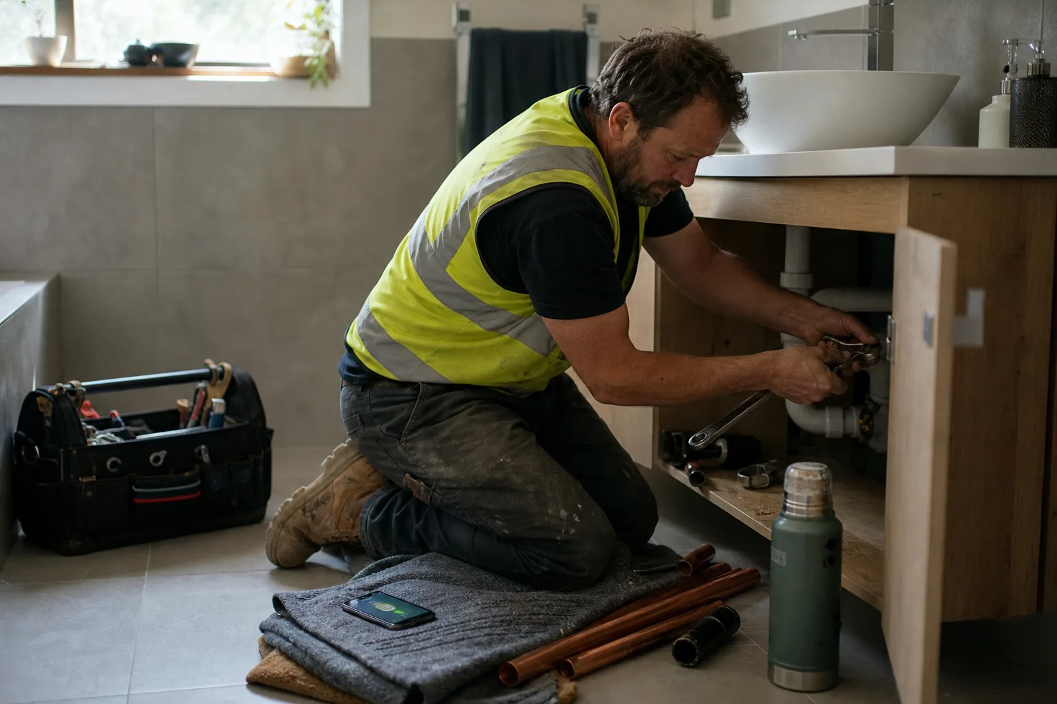 A plumber in Auckland works on bathroom pipes while his phone rings unanswered nearby, illustrating missed business calls