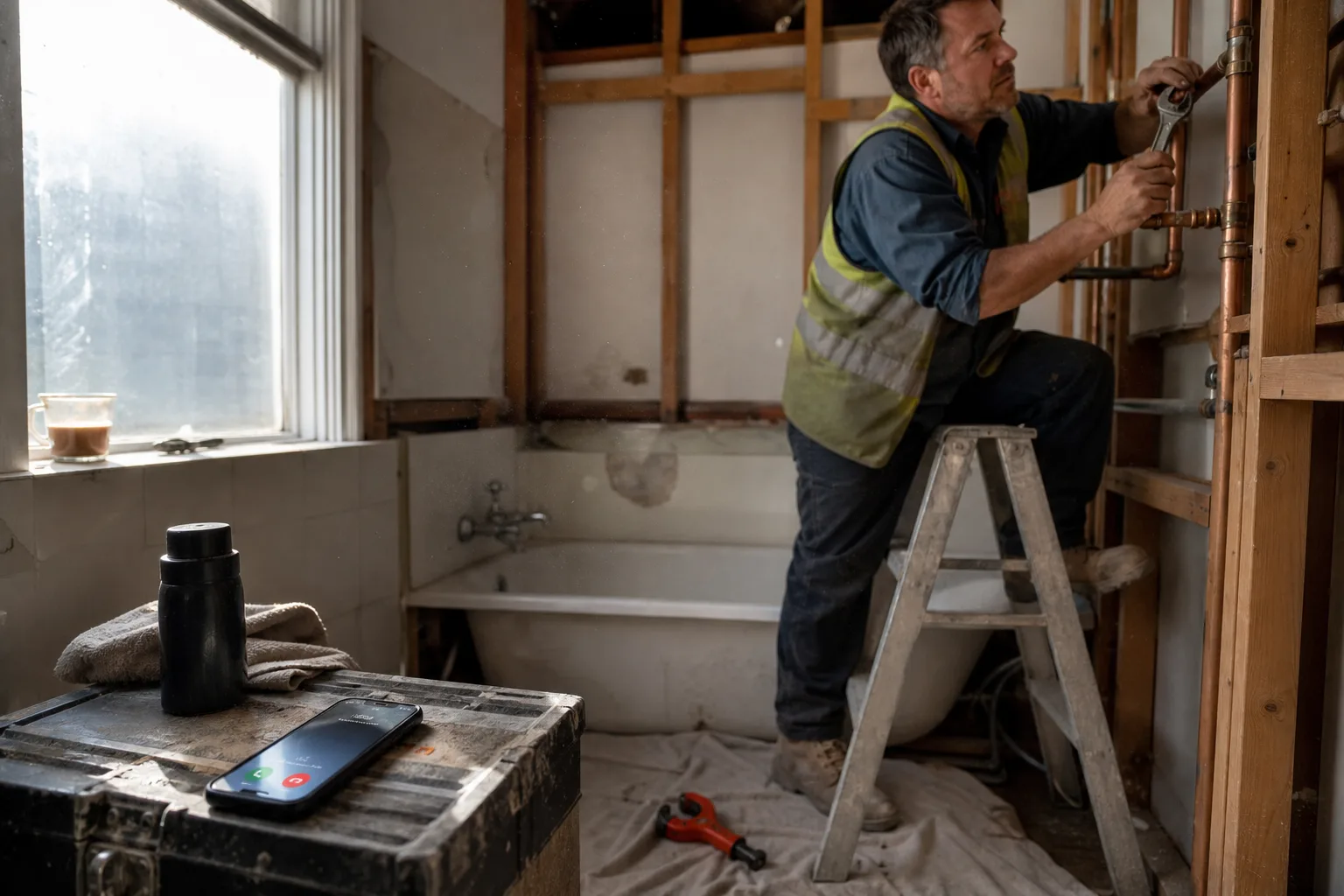 Christchurch plumber on a ladder, hands busy with pipework, while his phone rings unanswered on the toolbox below