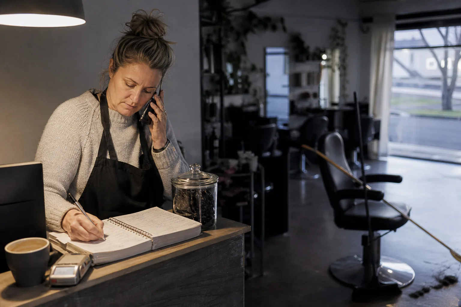 Christchurch salon owner takes an after-hours booking call at her front desk, weighing live answering service cost against flat AI rates