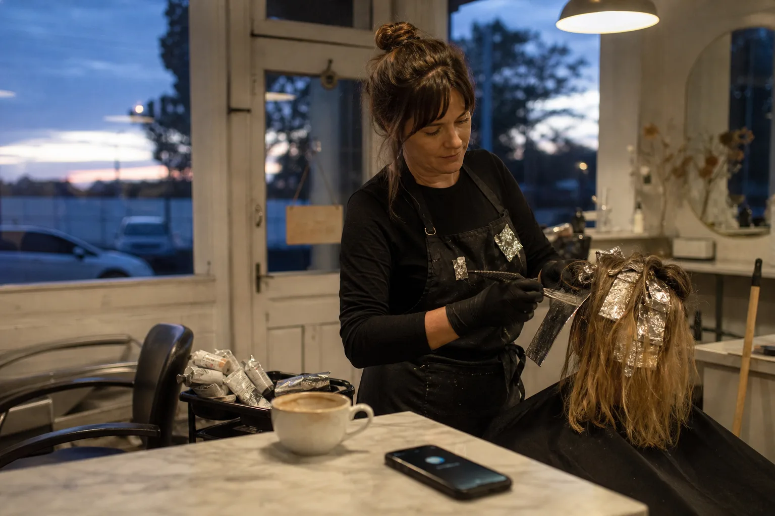 Christchurch salon owner mid-foils after closing time while her phone lights up with an unanswered call on the bench